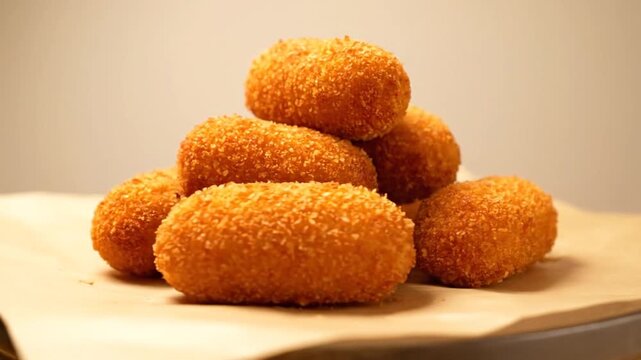 Close up of fried croquettes featuring a crunchy breadcrumb coating and oily sheen.