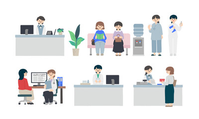 病院の受付から診察・会計までの流れ 医療機関の一連のシーンセットイラスト / Hospital Visit Process Illustration Set &ndash; Reception, Waiting Room, Examination and Payment