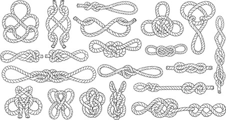 Detailed rope knot illustrations, nautical vector collection showcasing climbing knots, sailing loops, survival ties, secure fastening designs for outdoor adventure and maritime use © MostMonira