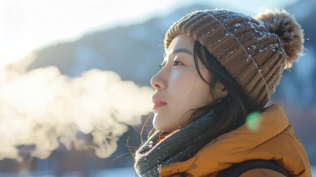 Young Asian woman exhaling breath in cold winter air with snowy mountains