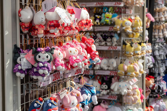 SHINJUKU, TOKYO, JAPAN - JANUARY 29, 2026: Sanrio character plushies, including My Melody, on display at a shop in Shinjuku, representing Japan's globally popular "Kawaii" culture.