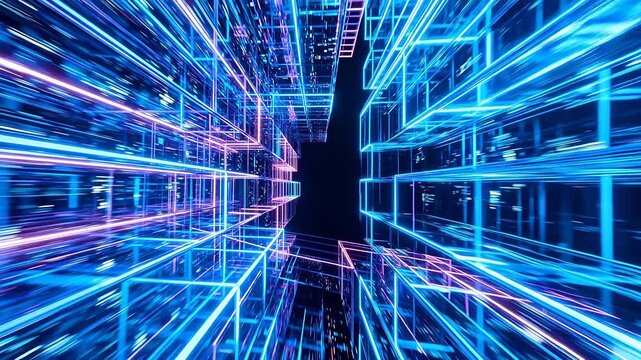 Neon grid tunnel in dark space