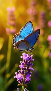 Brilliant blue butterfly with detailed wings rests gently upon a vibrant purple lavender flower stalk bathed in warm golden sunlight during a summer day.