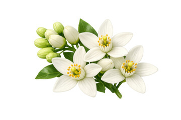 Fototapeta premium Orange blossom branch displaying multiple open white flowers with yellow centers, small green leaves, and closed buds