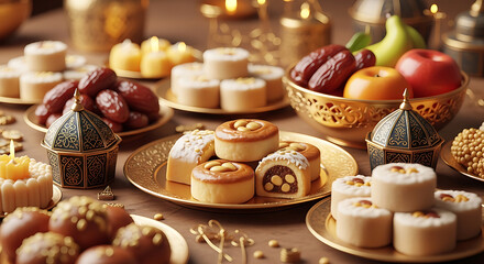 Fototapeta premium Traditional Eid sweets and desserts with dates and festive Islamic decorations 