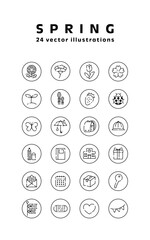 春のシンプルアイコンセット 丸背景付き UI・アプリ向け 線画ベクター