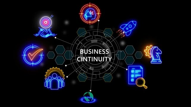 banner of BUSINESS CINTINUITY concept with icons ,planning, management. technology matrix global security with digital spot light and stretch glowing 4k video animation
