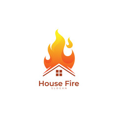 house logo and fire burning on the roof of the house, house fire logo