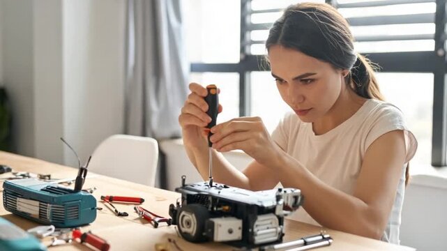 Focused woman repairing electronic device with screwdriver at home workshop
