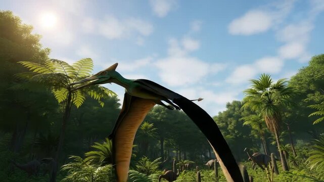 Prehistoric Flying Reptile Soaring Above Lush Jungle Landscape With Various Other Dinosaur Species In The Background For Educational Content Childrens Book Illustration