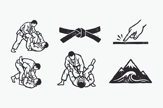 Vintage Distressed Martial Arts and Nature Icons Set in Woodcut Style
