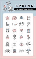 春のアイコンセット パステルカラー 生活・学校モチーフ ベクターイラスト