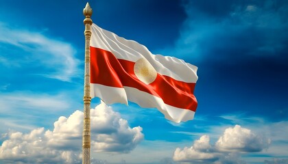 Indonesian flag and pole against blue sky.