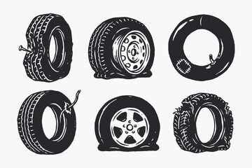 Set of vector illustrations showing various flat, punctured, and damaged car tires. © thetwelvesense