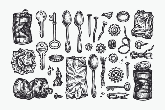 Hand-drawn collection of scrap metal junk, crumpled cans, old keys, and bent spoons.