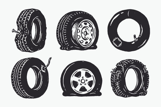 Set of vector illustrations showing various flat, punctured, and damaged car tires.