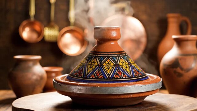 Traditional Moroccan tagine with steam rising in a rustic kitchen setting