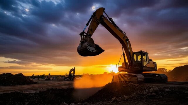 Construction Site Excavator Digs During Sunset Silhouetting Machinery Against Colorful Clouds Potentially Infrastructure Development Progress The Photo Could Illustrate Construction-