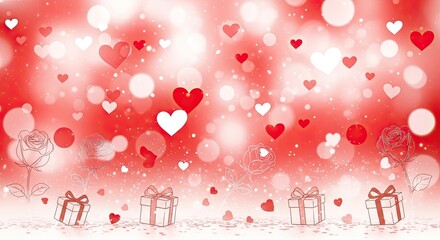 Obraz premium Valentine's Day background with roses, hearts, and gift boxes.