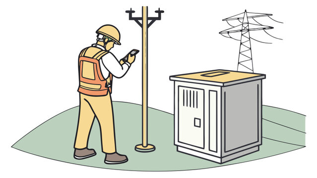 Utility worker inspecting transformer box and power lines with smartphone, vector illustration,  wearing safety gear, using a smartphone to inspect an electrical transformer cabinet near a power pole 