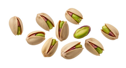  Floating ripe pistachios nuts isolated on transparent background. 