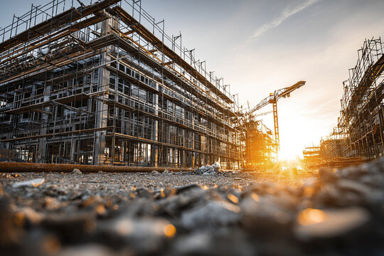 Modern commercial building under construction with scaffolding and crane at sunset, showing industrial progress and urban development in warm light