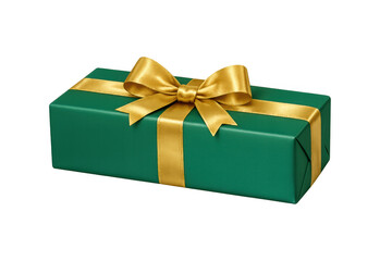 Obraz premium Green gift box elegantly wrapped with a shiny golden ribbon and tied with a bow, symbolizing celebration, giving, and holidays