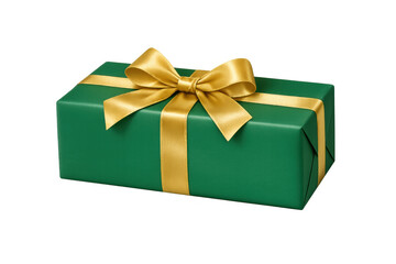 Fototapeta premium Green gift box wrapped with a shiny gold ribbon and bow, symbolizing celebration, holiday, birthday, and special occasion