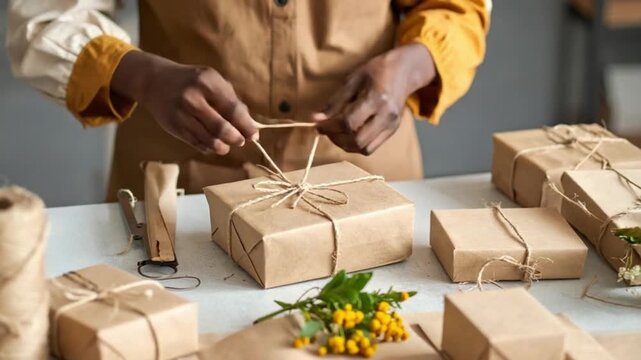 Person's hands tying twine on a brown paper gift box, preparing presents