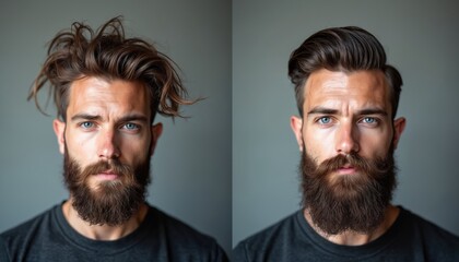 Obraz premium Man with messy hair and beard on left compared to neat hair and styled beard on right. Shows transformation after visiting barber. Male grooming contrast.