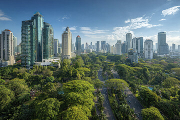 Obraz premium Modern city skyline with tall buildings and lush green park area under bright blue sky, showcasing urban nature harmony and vibrant city life atmosphere
