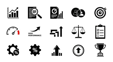 Business performance analytics icons illustrating growth planning and success