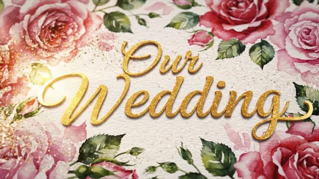 Elegant Wedding Title Card with Watercolor Pink Roses Frame and Animated Gold Glitter
