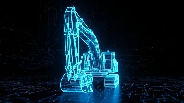 Glowing Digital Outline Of Excavator Machine In Dark Futuristic Environment With Interconnected Network Lines In The Background For Construction Technology Industrial Imagery