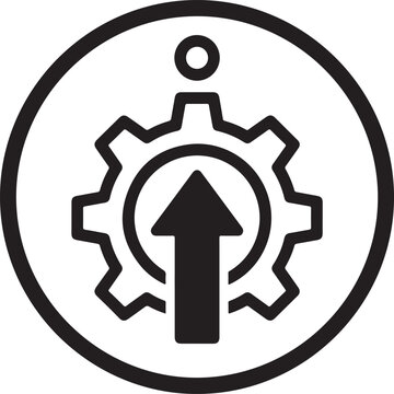 Modern mechanical engineering and maintenance icon featuring gear wheel with upward arrow inside circular frame for system upgrades concept