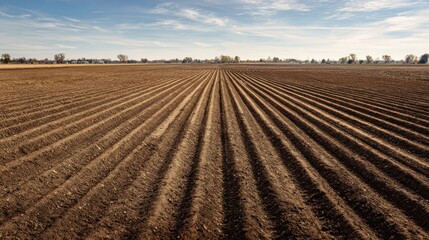 A plowed field with parallel furrows, showing signs of recent agricultural activity.