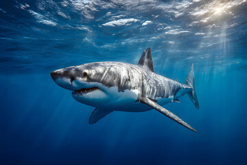 Fototapeta premium Great white shark swimming gracefully in clear blue ocean waters