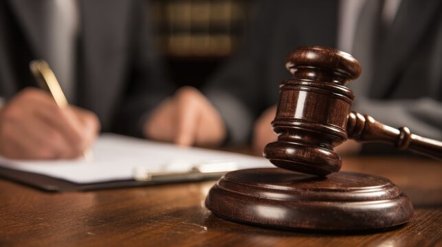 A judge's gavel and pen on a wooden desk.