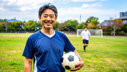休日にサッカーを楽しむ中年男性