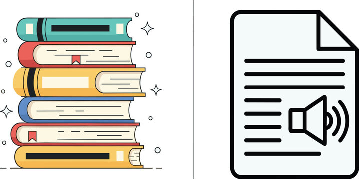 Books and Audiobook Concept Illustration Showing Printed Reading Materials and Audio Learning File for Education, Digital Publishing, and Knowledge Media