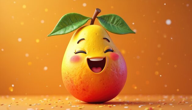 Cheerful mango character laughs joyfully. Fun fruit illustration for food ads. Sweet tropical treat for kids marketing. Healthy snack, summer fun, vibrant design.