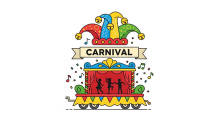 Obraz premium Colorful carnival stage wagon with jester hat and dancing silhouettes