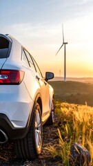 A white SUV is parked on a dirt path next to tall golden grasses. A wind turbine and soft sunset glow in background