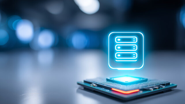 Server stack icon emerging from a processor representing cloud computing and data center infrastructure.
