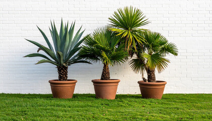 Fototapeta premium Agave Plant and Two Potted Palm Trees Against White Brick Wall and Green Grass potted plants