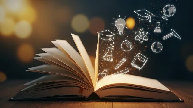 Open Book On Wooden Surface Emits Illustrated Educational Elements With Blurred Bokeh Background Knowledge Learning Education Concept It Is Used For Educational Creative Purposes