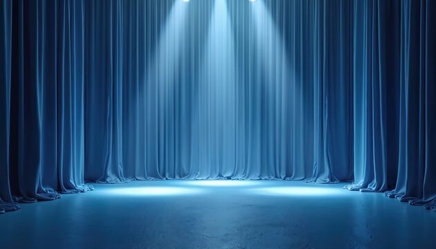 Empty stage with blue curtains illuminated by spotlights. The scene conveys anticipation and a formal atmosphere. Ready for performance or award ceremony.