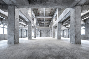 Modern unfinished industrial interior with concrete columns and beams, spacious empty room with large windows allowing natural light, raw gray concrete surfaces create cold and minimalistic