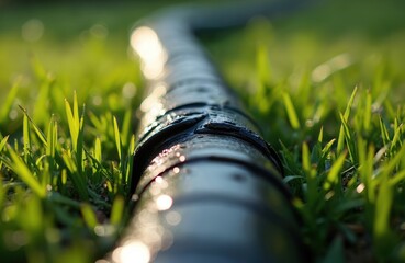 Black garden hose with water droplets lies on green grass. Sun shines on wet rubber tube, creating bokeh effect. Selective focus on damaged section.