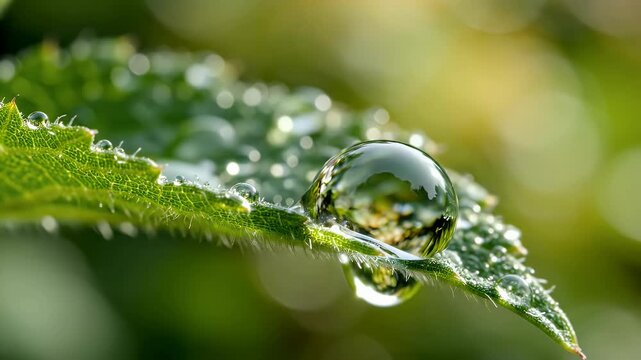 A perfect round dewdrop rests on a green leaf